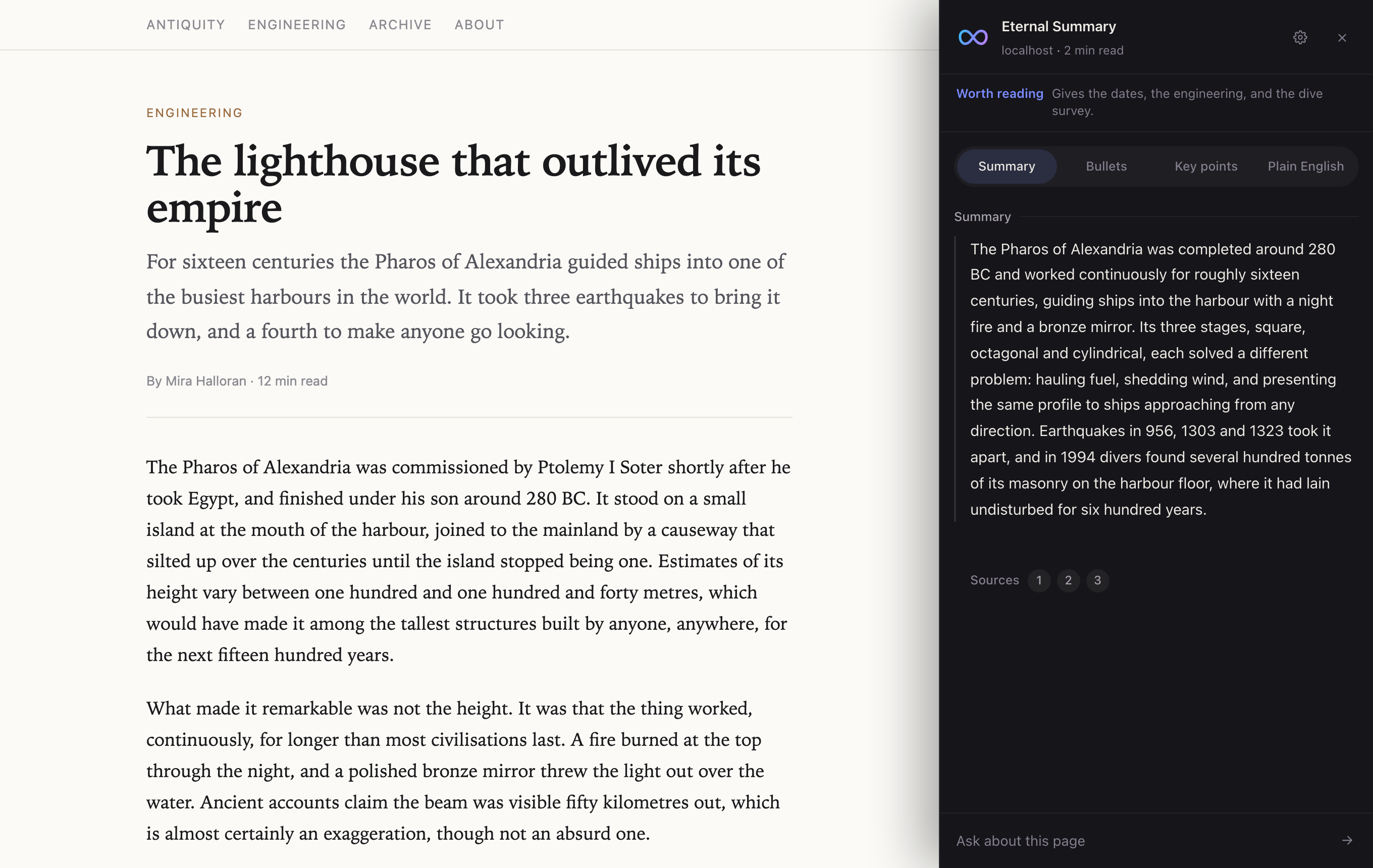 The panel open beside an article, showing a summary with numbered sources